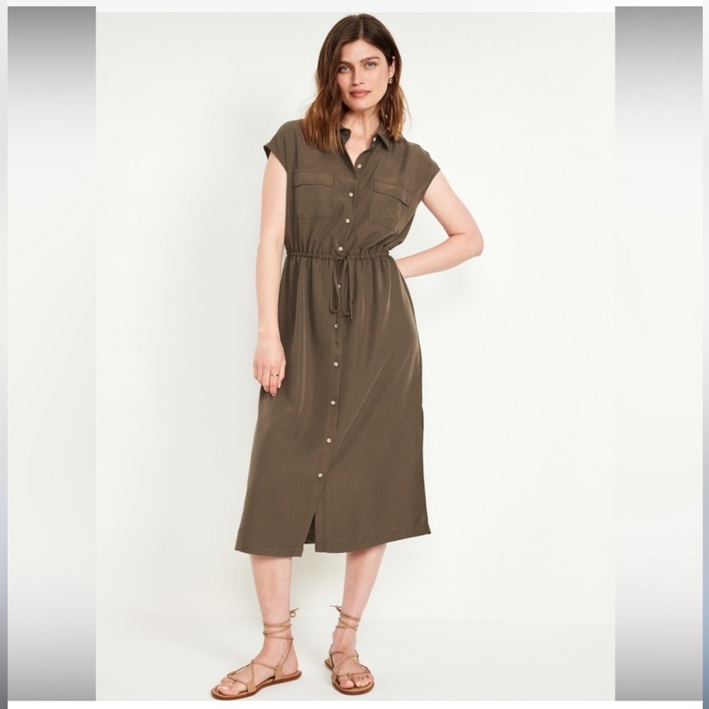 Waist-Defined Utility Midi Shirt Dress M